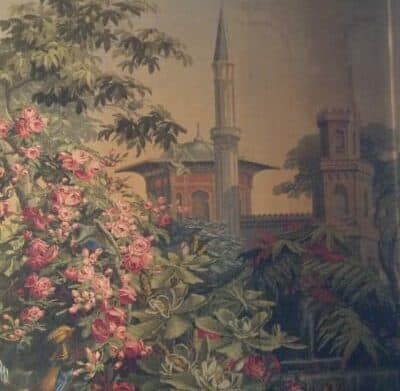 A vibrant botanical scene featuring pink roses, lush greenery, and an ornate building with a minaret in the background.