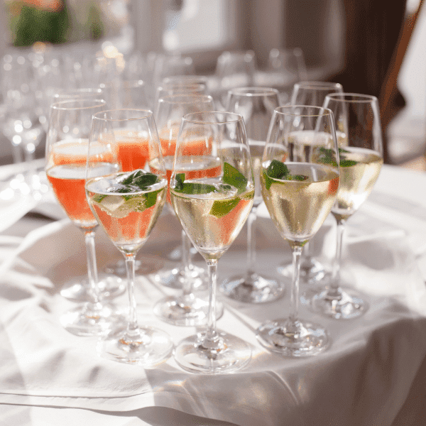 A collection of elegant glasses filled with colorful beverages, garnished with mint, arranged on a table.