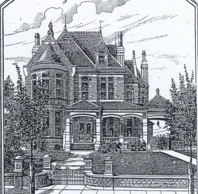 An intricate line drawing of a large, Victorian-style house with ornate architecture and surrounding greenery.