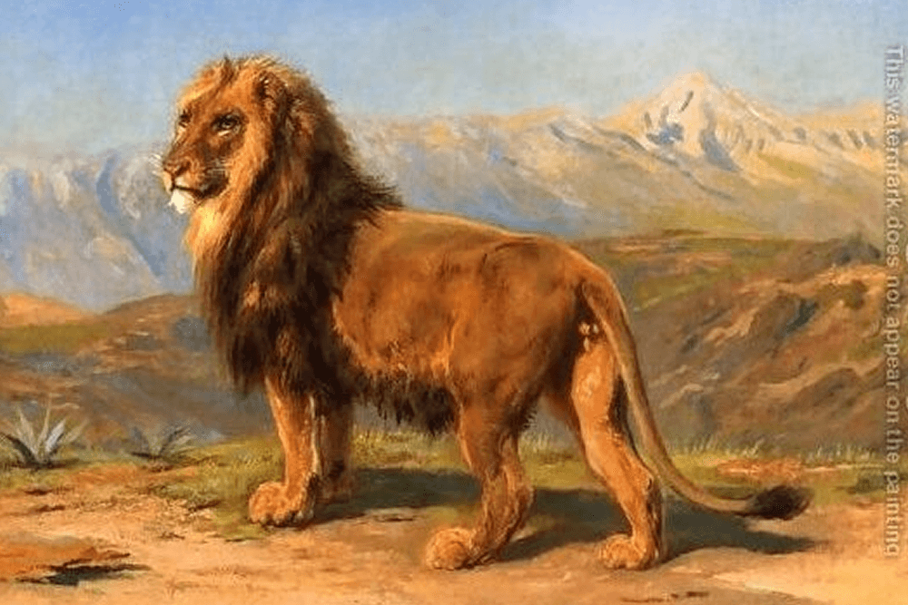 A regal lion stands against a mountainous landscape in a painting.